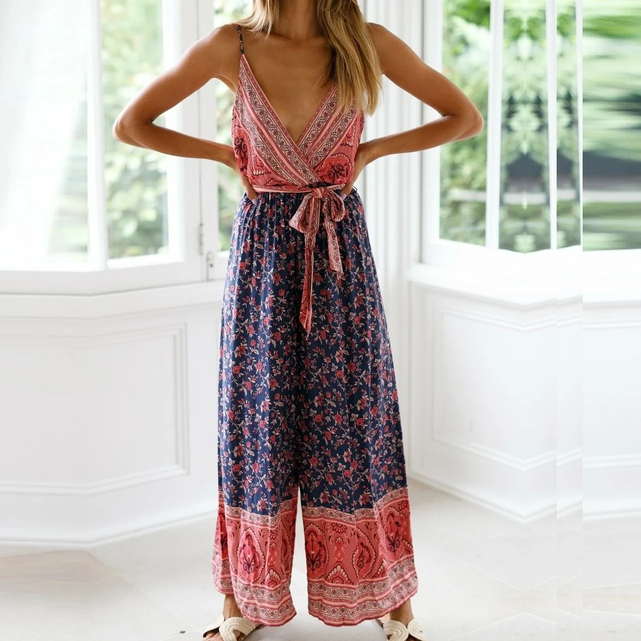 

New Women Casual Summer Boho Jumpsuit Floral Sleeveless V-Neck Strappy Backless Wide Leg Pants Ladies Holiday Summer Clothes