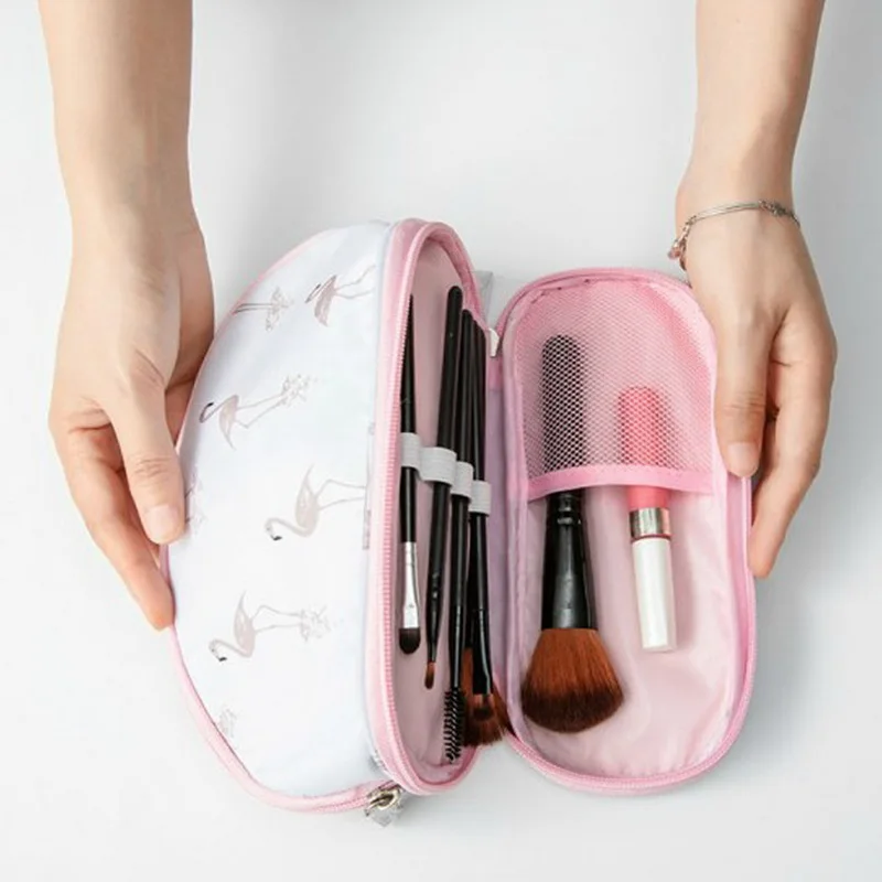 

Puimentiua 2019 Portable Flamingo Cosmetic Bag Double Layer Travel MakeUp Pouch Bags Circular Woman Make Up Bag Brush Organizer