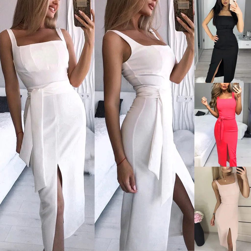 

Sundress solid high split dresses Women Boho Beach Belt Holiday Sleeveless Party Dress summer ladies clothes 2019 dress vestido
