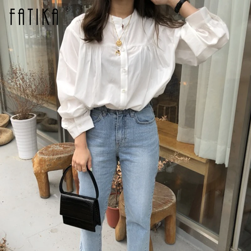 Fatika 2019 Демисезонный Новые Элегантные Однотонные блузки с воротником стойкой
