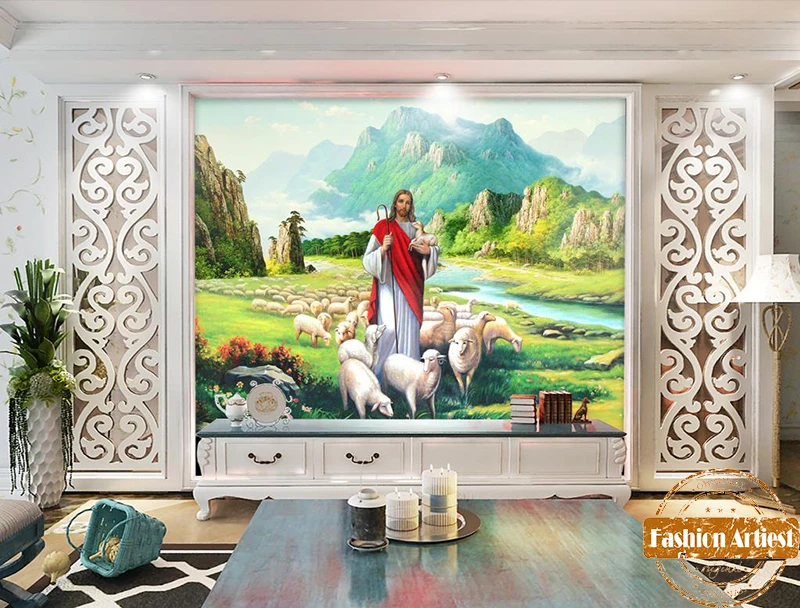 

Custom Christian religion God & sheep wallpaper mural chris Shepherd Jesus oil painting tv bedroom living room sofa restaurant
