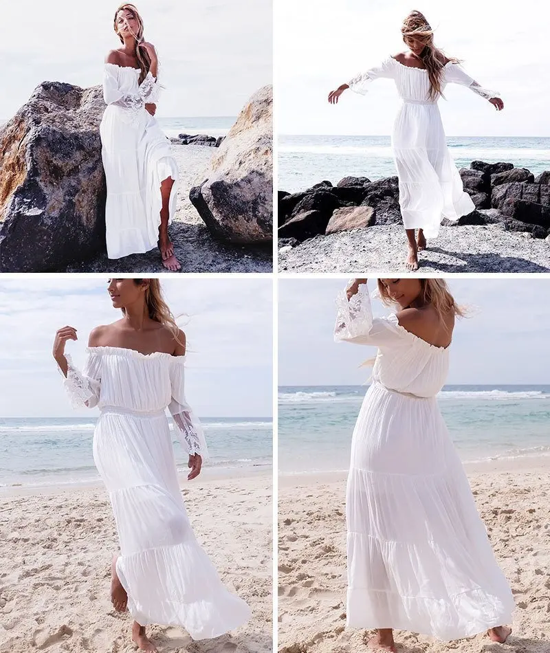 White Off The Shoulder Lace Beach Boho Sundress in Bohemian White Beach Dress