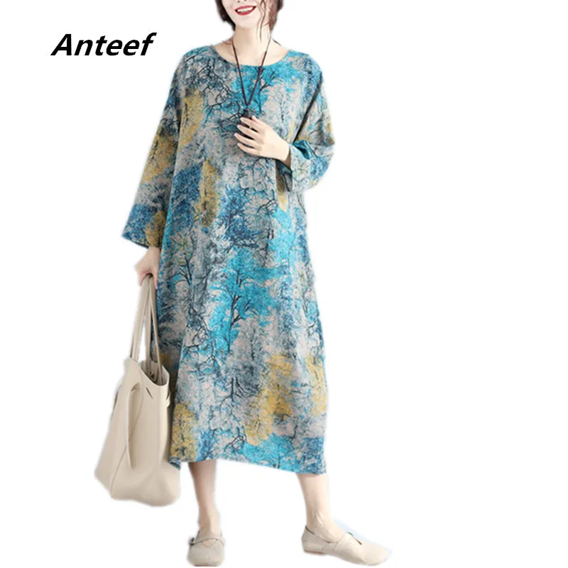long sleeve cotton linen vintage floral plus size women casual loose