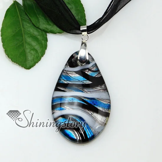 

teardrop tear drops water drop with lines silver foil lampwork murano Italian venetian handmade glass necklaces pendants