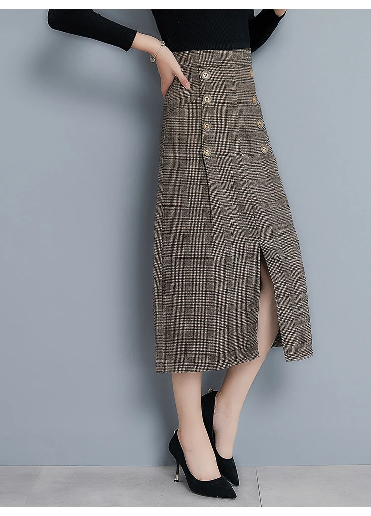 Винтажная шерстяная клетчатая юбка с карманом, осенне-зимняя повседневная женская юбка в стиле ретро с завышенной талией, женская элегантная юбка миди на пуговицах