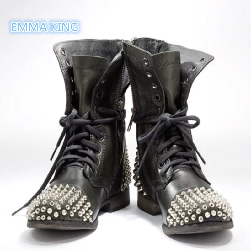 

Fashion Women Martin Boots Rivets Lace Up Ankle Booties Low Heels Round Toe Shoes Cross Strap Zipper Chelsea Boots Botines Mujer