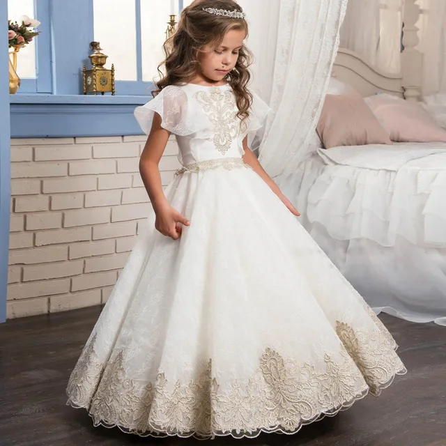 Vintage Ivory Lace Flower Girl Dresses Gold Appliques Ruffles Tiered 