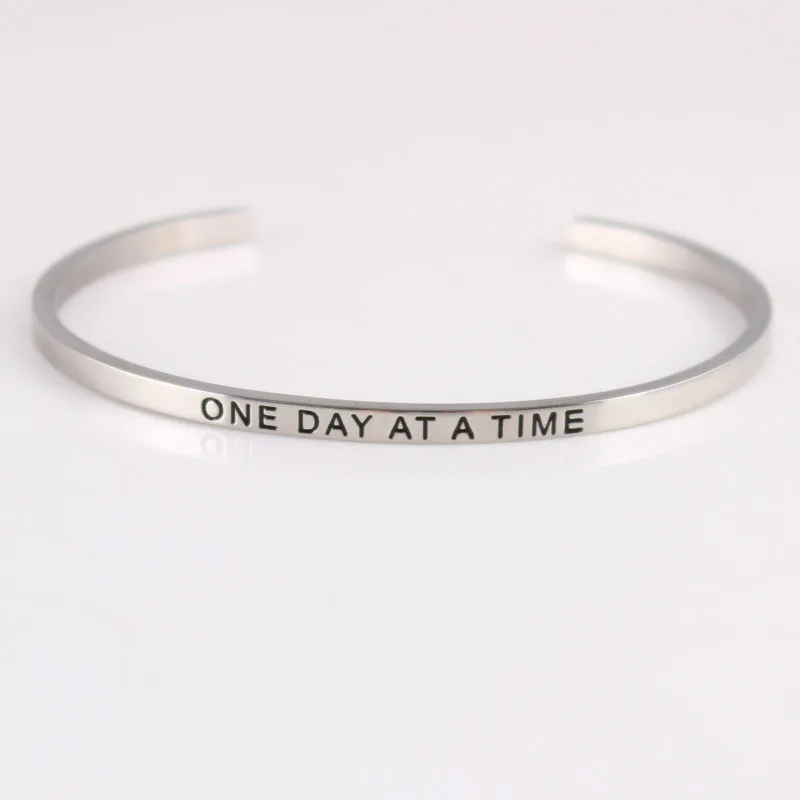 

ONE DAY AT A TIME Stainless Steel Bar Engraved Positive Inspirational Quote Cuff Mantra Bracelet Bangle For Women