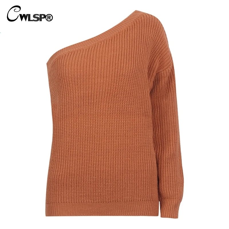 CWLSP 2018 Fashion Autumn Sweater For Women One Shoulder Pullover Knitted Long Sleeve Female Tops Winter Woman Clothes QZ3059