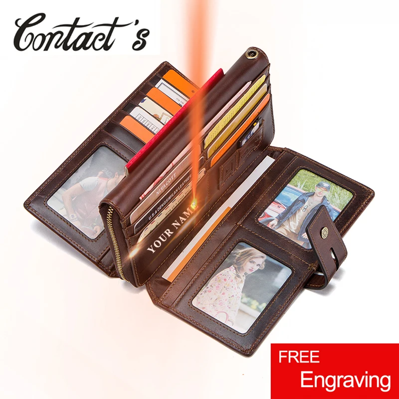 

Contact's Genuine Leather Long Wallet Men Zipper Phone Clutch Wallets For Man Strap Coin Purse PORTFOLIO With Card Holder Slots
