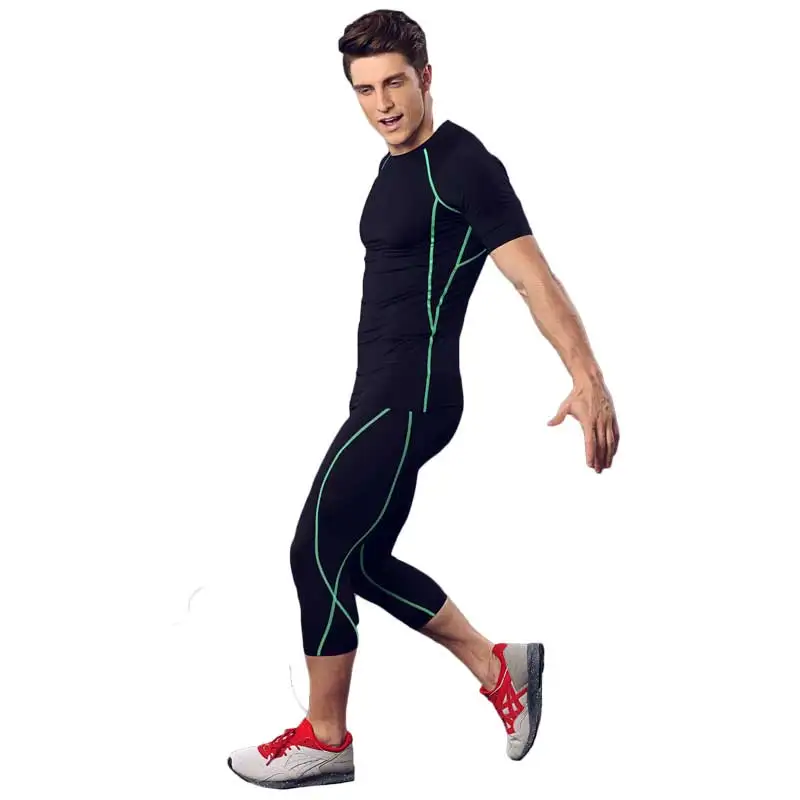 Мужской Pro компрессионный комплект для фитнеса, наборы быстросохнущие Капри Леггинсы+ Топ, тренировка, тренировка, спортивные штаны для йоги+ рубашки, Бег Йога 3242 - Цвет: black green line