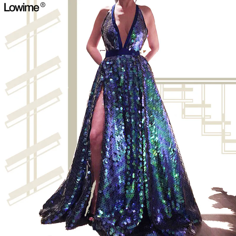 Special Fabric Sequined Deep V-Neck Formal Evening Dresses Dubai Backless Robe De Soiree High Split Sexy Prom Dresses Long