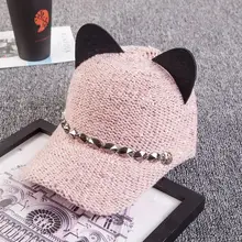 Новые модные женские головные уборы для девочек, весенне-Летняя шляпка с заклепками, с блестками, кошачьи шапки с ушками бейсболка кепки в стиле хип-хоп, шерстяная вязаная бейсболка