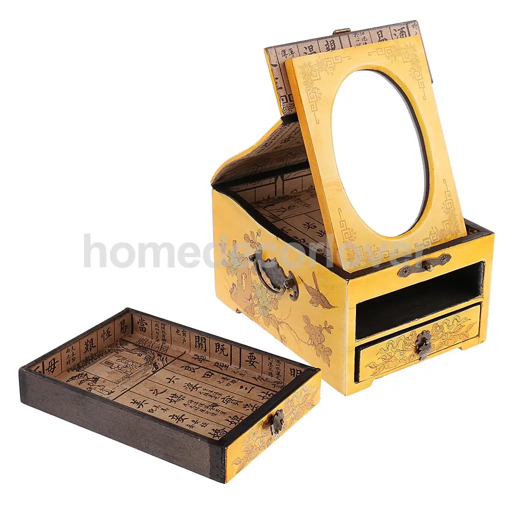 Vintage Wooden Dresser 2 Drawer 1 Mirror for Jewelry Storage Case Box Yellow