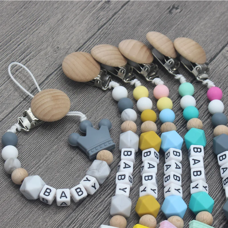 XCQGH DIY Silicone Beads Personalised Name Baby Pacifier Holder Clips Pacifier Chain with Beech Wooden Clip for Baby Feeding