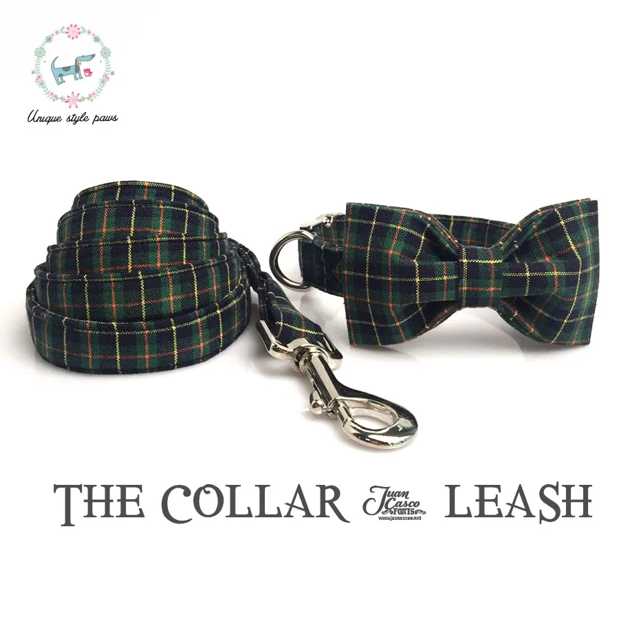 

Christmas Green Plaid Dog Collar and Leash Set with Bow Tie Dog &Cat Necklace and Dog Leash Pet Accessaries