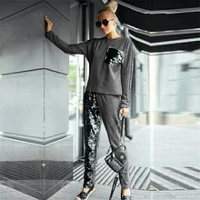 2016 Winter Beading Woman Tracksuits Fashion Paillette Pocket Patchwork Female Two Piece Set Fashion Autumn Sweatshirt Trouser
