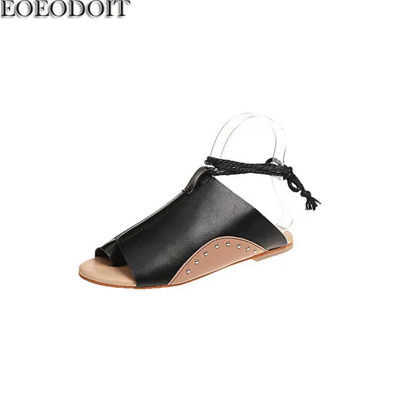 

EOEODOIT Summer Sandals Retro Vintage Women Flat Heel Leather Flats Shoes Summer Open Toe Lace Up Sandals