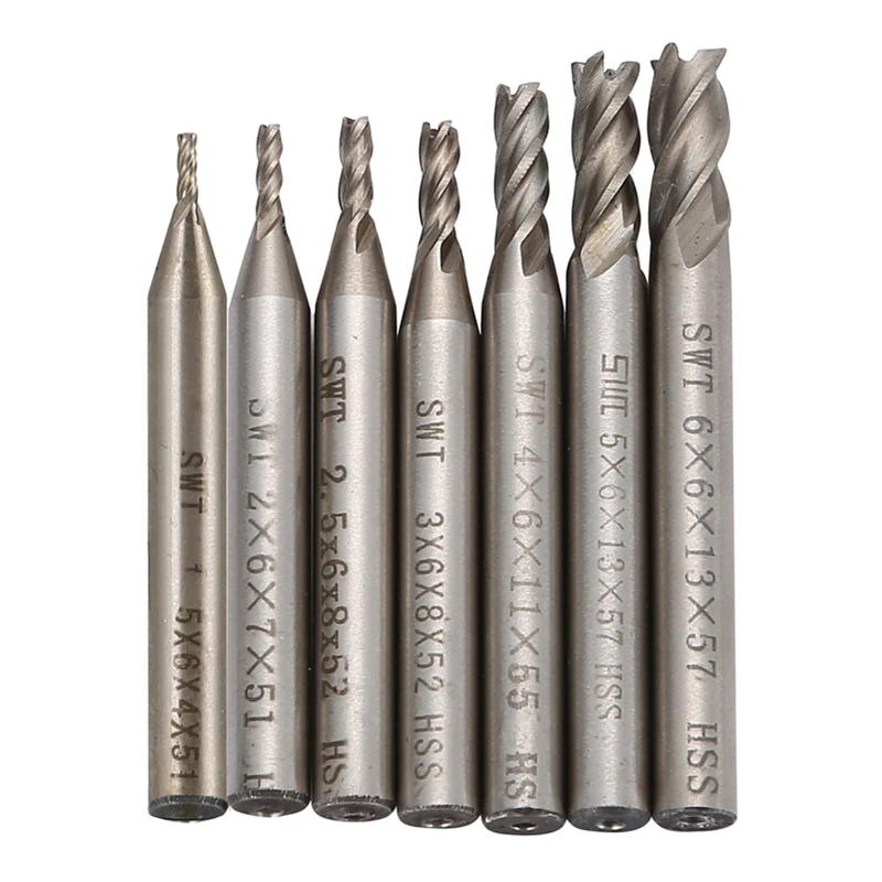 

7Pcs Carbide End Mill HSS 4 Flutes 1.5/2.0/2.5/3/4/5/6mm Diameter Milling Cutter Straight Shank Router Bit Set CNC Tools