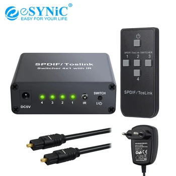 

eSYNiC 4 Port SPDIF Toslink Switch Digital Optical Audio Switcher 4x1 Switch With IR Remote Control For PCM2.0 DTS/for Dolby-AC3
