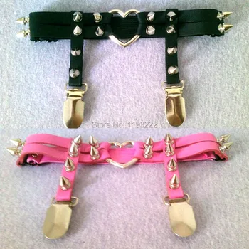 

Sexy Handmade Punk Goth Bullet Double Studded Leg Sweet Heart Garter Belt Metal Clips Suspenders