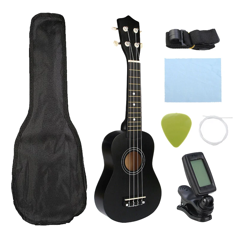 

Ukulele Combo 21 Ukulele Soprano 4 Strings Uke Hawaii Bass Stringed Musical Instrument Set Kits+Tuner+String+Strap+Bag(Black )