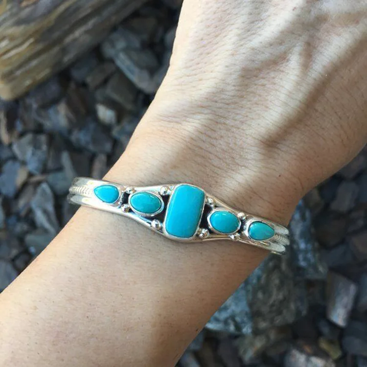 

Boho Gypsy Vintage Carved Hollow Geometric Open Bangle Turquoises Gem Stone Bead Cuff Bangle Bracelet Women Fashion Jewelry