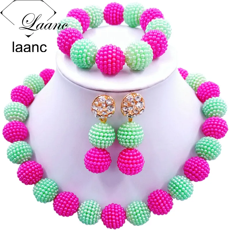 

Laanc Latest African Wedding Beads Light Green and Fuschia Pink Jewelry Set for Women AL694