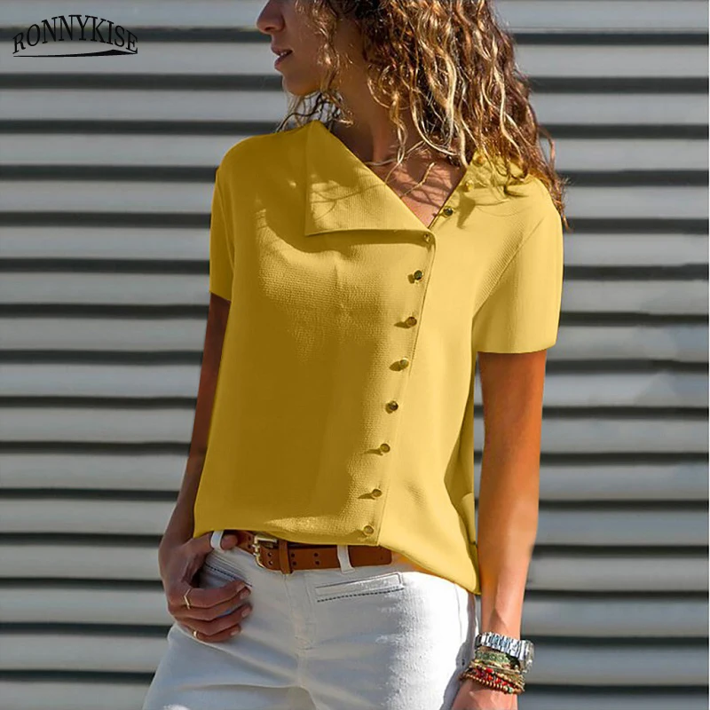 

RONNYKISE Sexy Shawl Collar Shirts Women's Fashion Single Breasted Solid Blouses Summer Casual Short Sleeve Plus Size Tops