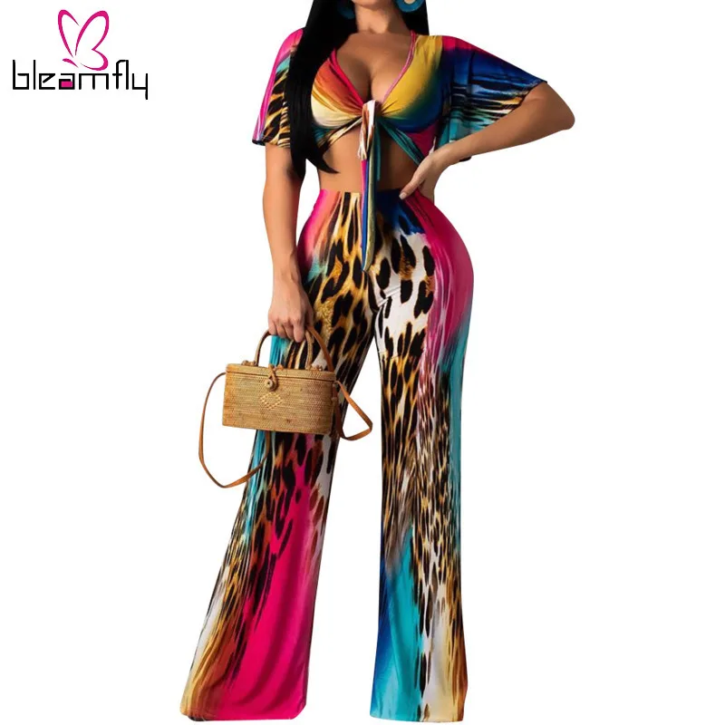 

Tie Dye 2 Piece Set Women Pant And Top Boho Printed Short Sleeve Crop Top Long Pants Club Vintage Party Streetwear Outfits