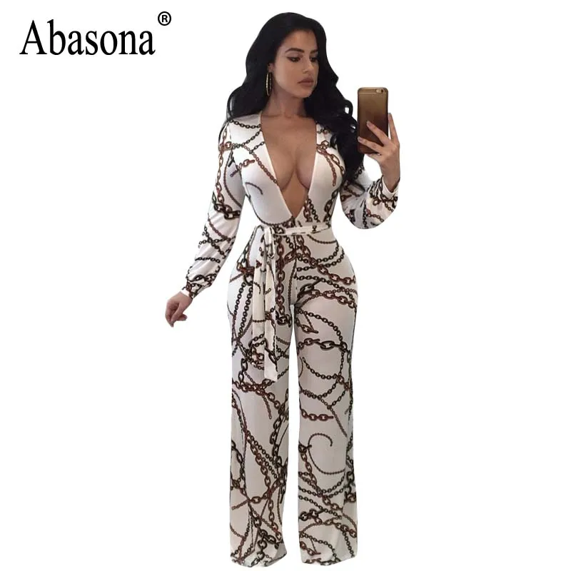 Absaona Women Rompers Jumpsuits Chain Printed Vintage Wide Leg Jumpsuit Bow Sashes Women Overalls Long Sleeve Party Club Pants