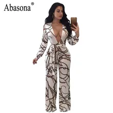 Absaona Women Rompers Jumpsuits Chain Printed Vintage Wide Leg Jumpsuit Bow Sashes Women Overalls Long Sleeve Party Club Pants