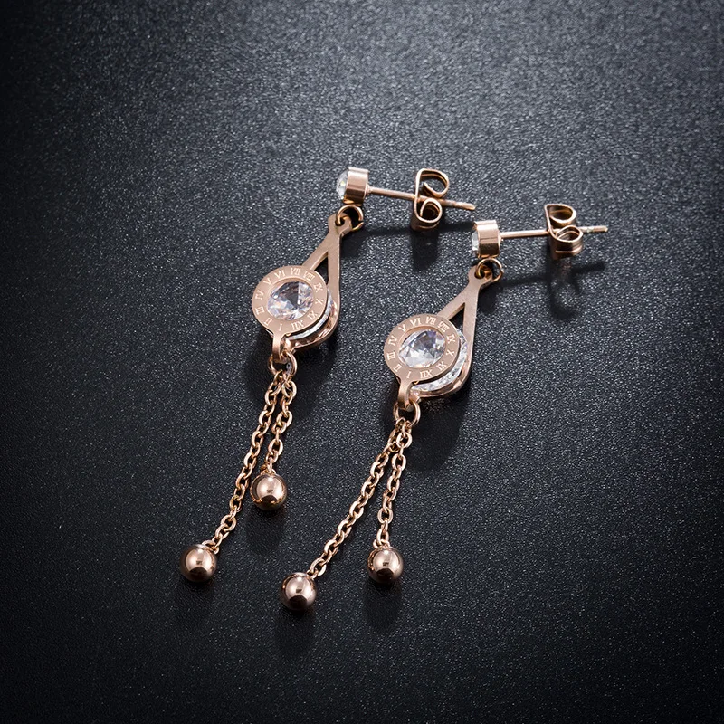 

New Rose Gold Titanium Steel Earrings Women Simple Water Drops Cubic Zirconia Tassel Long Earrings Popular Small Jewelry RN01110
