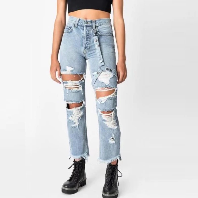 

Loose fit women's denim pants women washed Jeans Women Stretch mid Waist straight hole ripped hollow out high street jeans femme