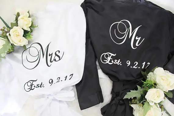 Пижамный халат Mr и Mrs на заказ Атласный его ее мужское кимоно нижнее белье для