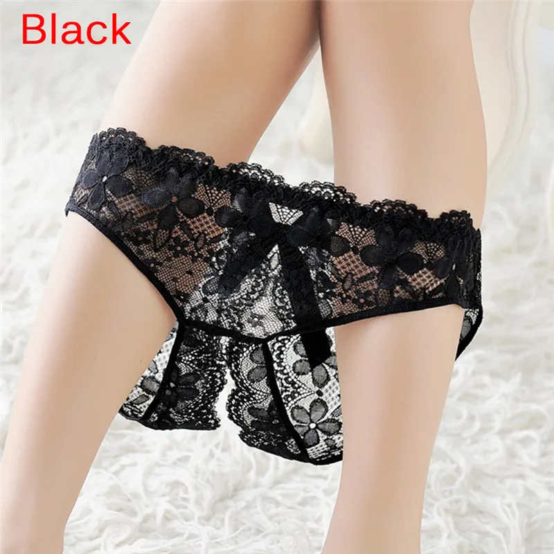 New Sexy Lingerie Underwear Women Bow Lace Briefs Low Waist Open Crotch Solid Sex Panties Erotic Adult Party Game Role Play