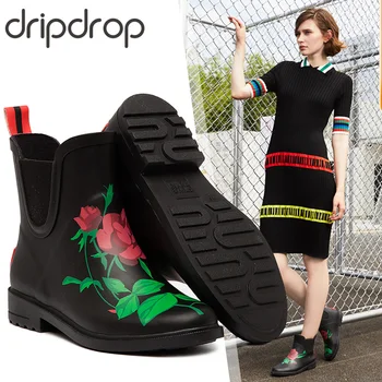 

DRIPDROP Natural Rubber Chelsea Boots for Women Rose Print Waterproof Ankle Rain Boots