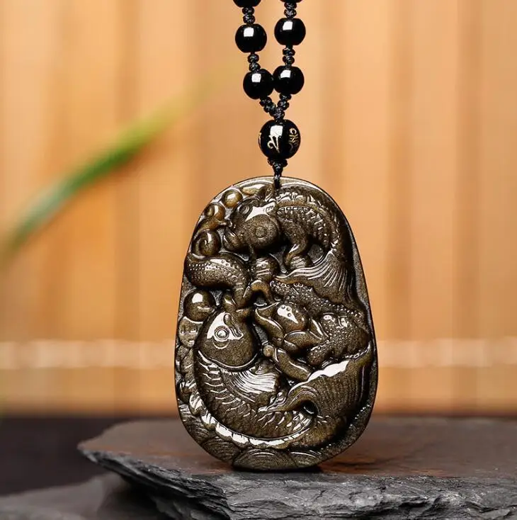 

100% Natural Gold Obsidian Carved Fish Lucky Amulet Pendant + Beads Necklace