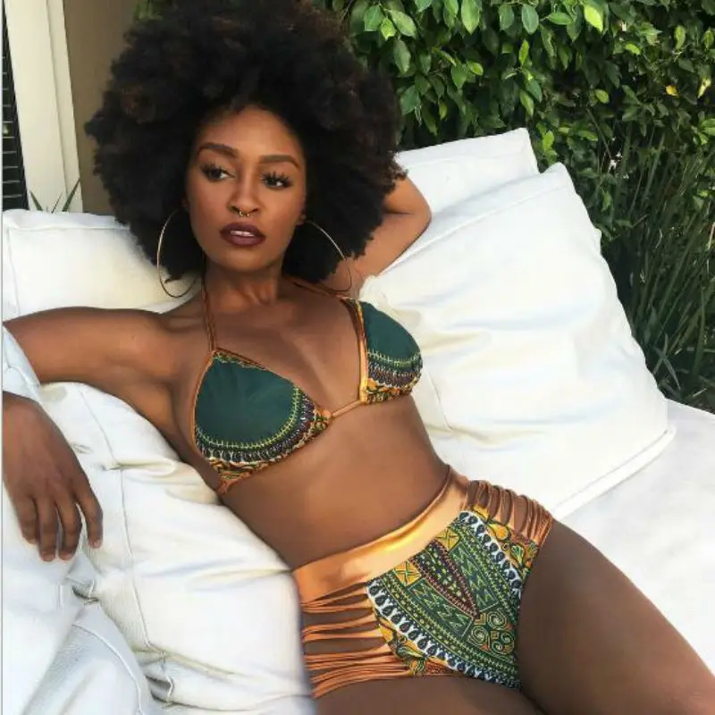 

New 2017 African Print Two-Pieces Bath Suits Bikini Set Sexy Geometric Swimwear Swimsuit Gold High Waist Swimming Suit