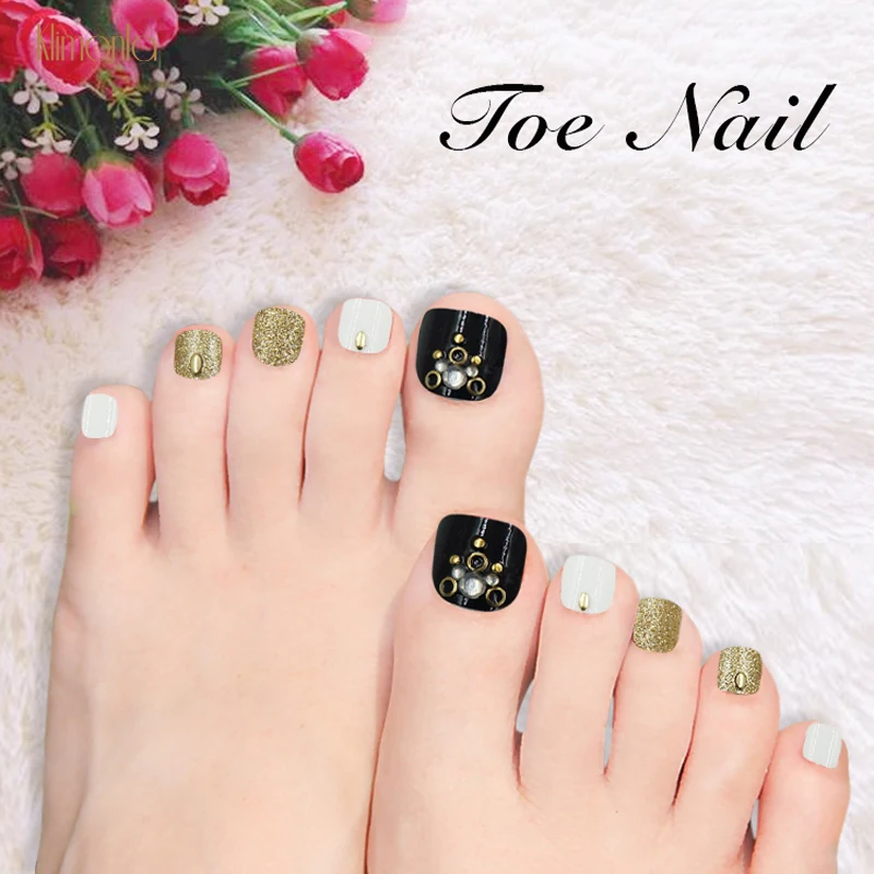 

New 24pcs 3D Gold Glitter False Toenails With Glue Shiny Metal Full Nail Art Tips Artificial Manicure Set Foot Fake Nails