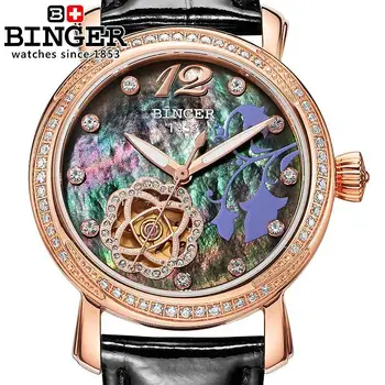 

Switzerland Binger Women's watches Luxury Brand clock leather strap automatic self-wind mechanical Wristwatches Women B-1132L-4