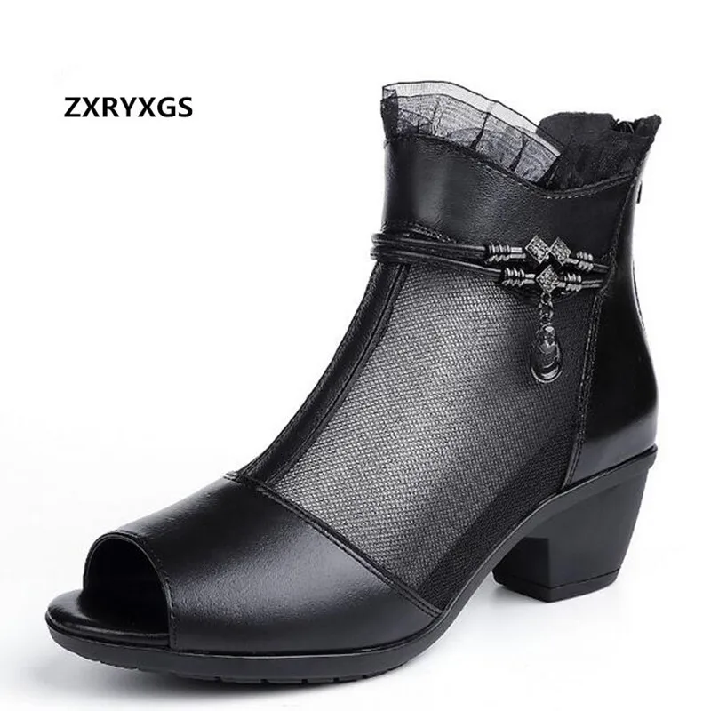 

2019 Summer Mesh Cowhider Women Sandals Comfortable Elegant Rhinestone Lace Fashion Sandals Cool Boots Thick Heel Shoes Sandals