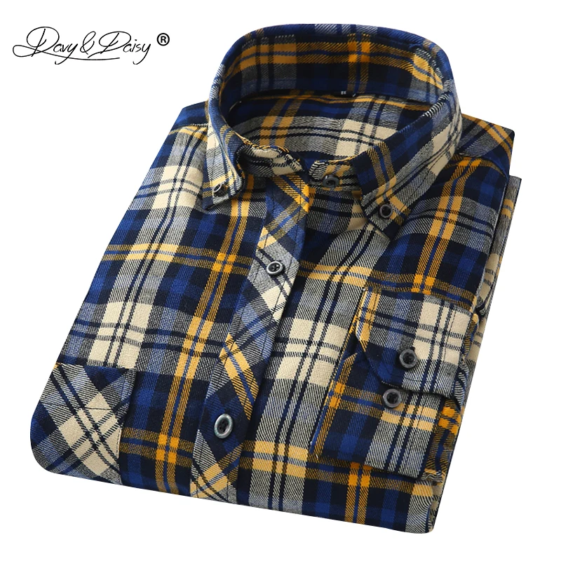 Achat DAVYDAISY Marque Vêtements 2018 Nouvelle Arrivée Flanelle Hommes de Chemises À Manches Longues Slim Fit Doux Hommes Classique Plaid Chemise Décontractée DS198