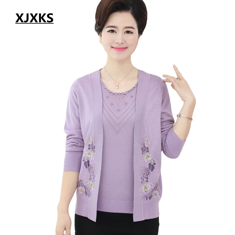 

2017 Womens Fall Fashion Women Cardigans Middle-aged Women's Autumn Sweater Two Pieces Female Loose Large Size Coat Jacket