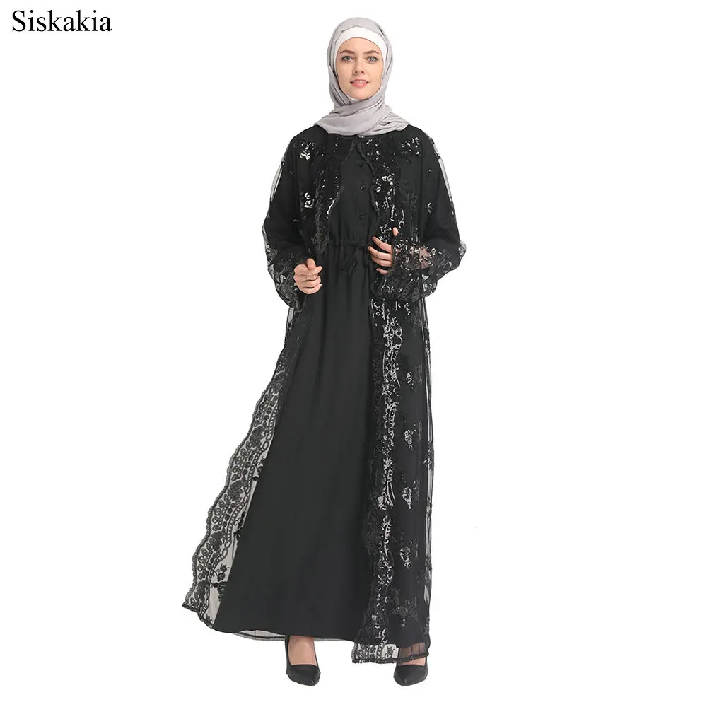 Siskakia Muslim Elegant Lace Sequin Mesh Cardigan Robe Abaya Ramadan Women Hook Flower Hollow Out Sashes Party Clothing 2019  (4)