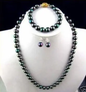 

Women Gift word Love real 8-9MM PERFECT TAHITIAN BLACK PEACOCK GREEN PEARL NECKLACE BRACELET EARRING