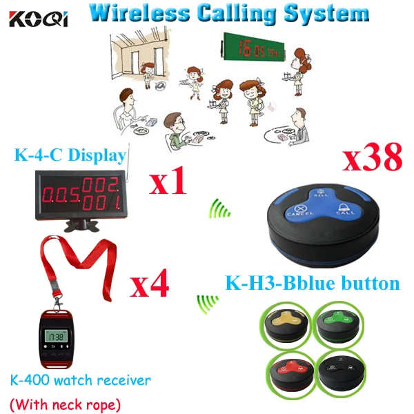 Wireless Ordering System Wireless Transmitter Buzzer Bell Sound Communication Equipment (1 display & 4 watch & 38 call button)