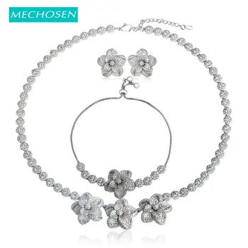 

MECHOSEN Exquisite Pretty Flower Necklace Earrings Bracelet Jewelry Sets Silver Color Brass Celebrity Wedding Banquet Dress aros