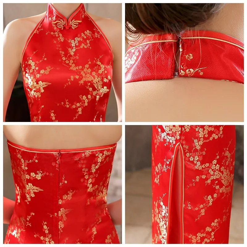 16 цветов с открытой спиной китайские платья Ципао без рукавов Длинные розовые Холтер стрейч Cheongsam Золотое элегантное платье для женщин guzheng размера плюс