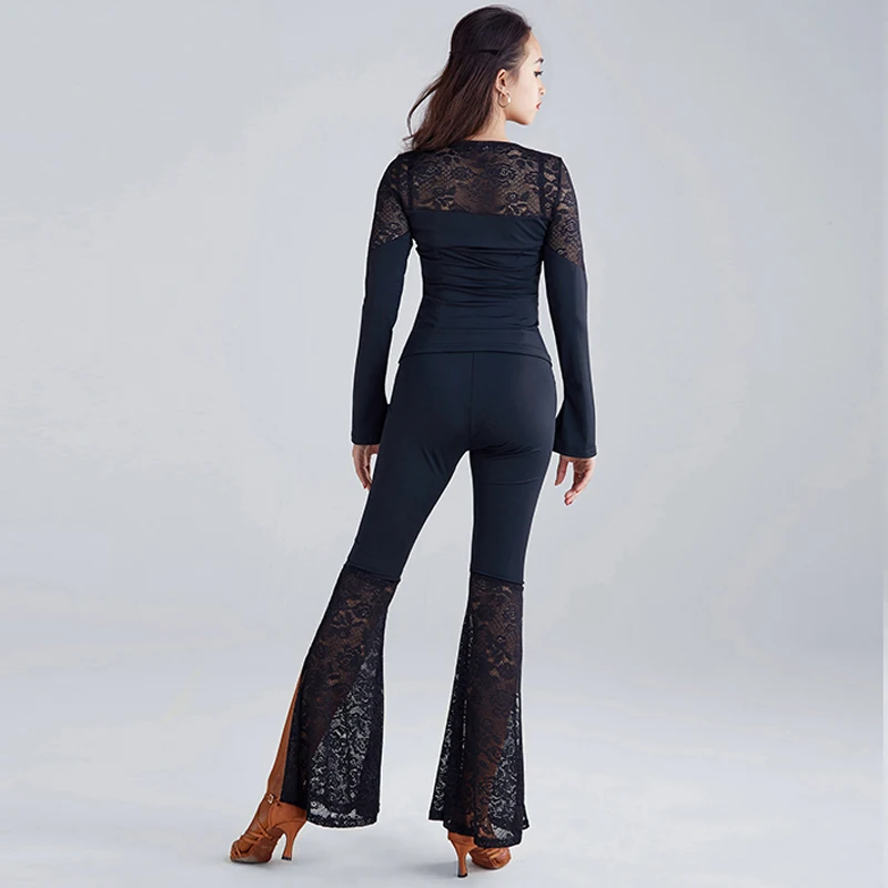 Новая одежда для латинских танцев, комплект из 2 предметов, женский черный топ+ штаны, стандартный бальный костюм для Фламенго, танго, ча-ча, черный костюм для латинских танцев, VDB381
